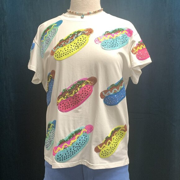 NWT Queen Of Sparkles White Scattered Multi Color Hot Dog Tee - Picture 7 of 7